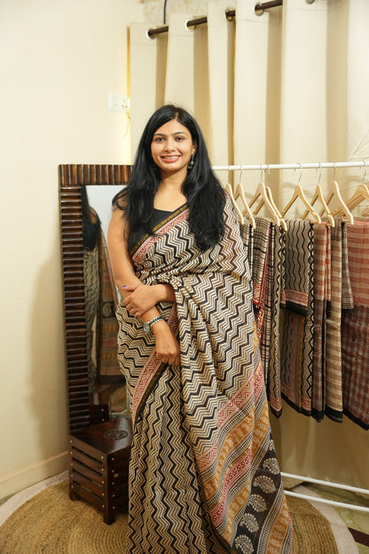 KRITIKA_Zig Zag Stripe Bagru HBP Chanderi Cotton Silk Saree