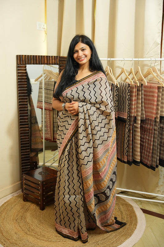 KRITIKA_Zig Zag Stripe Bagru HBP Chanderi Cotton Silk Saree