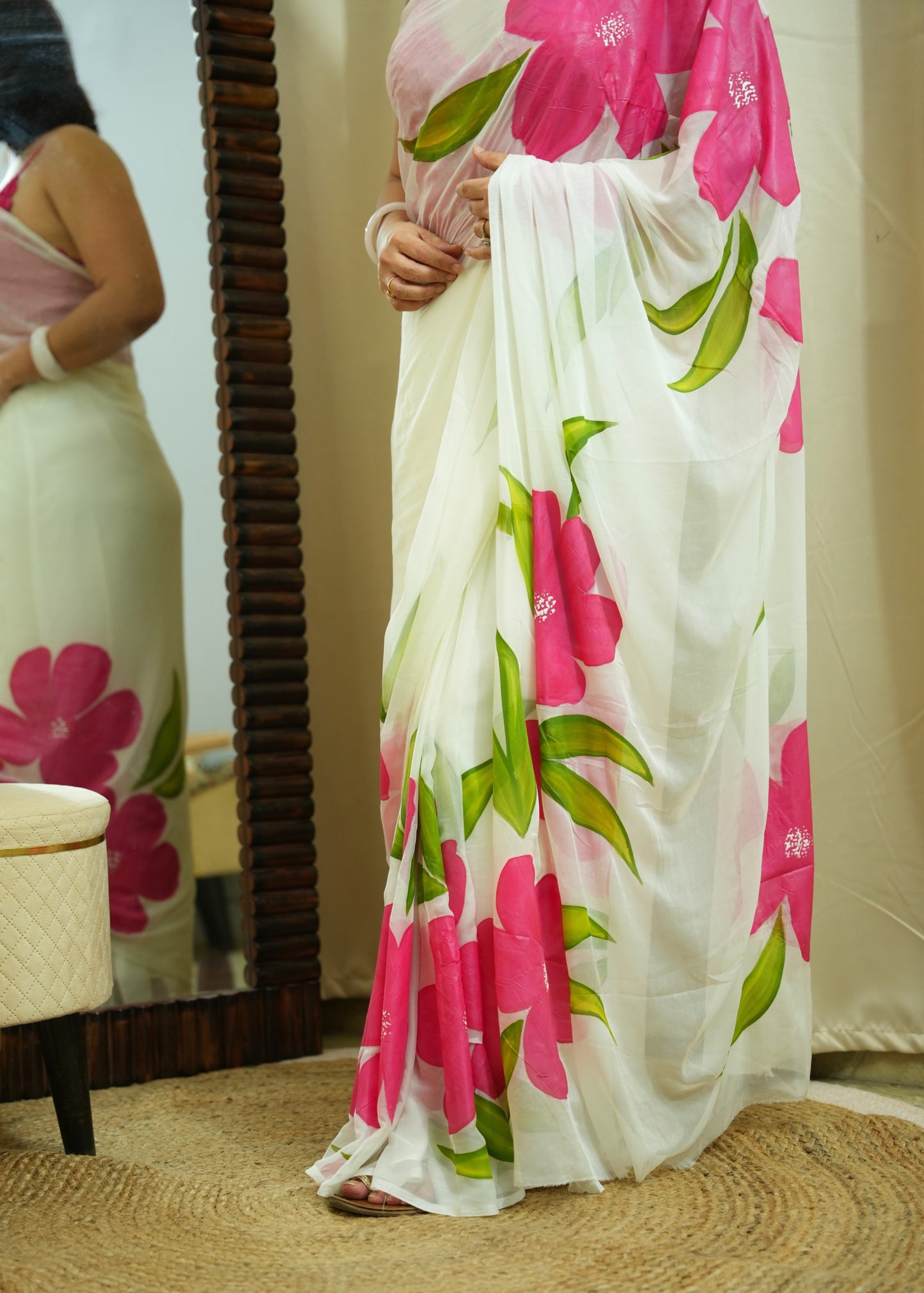 Sanchita - White Handpainted Chiffon Saree