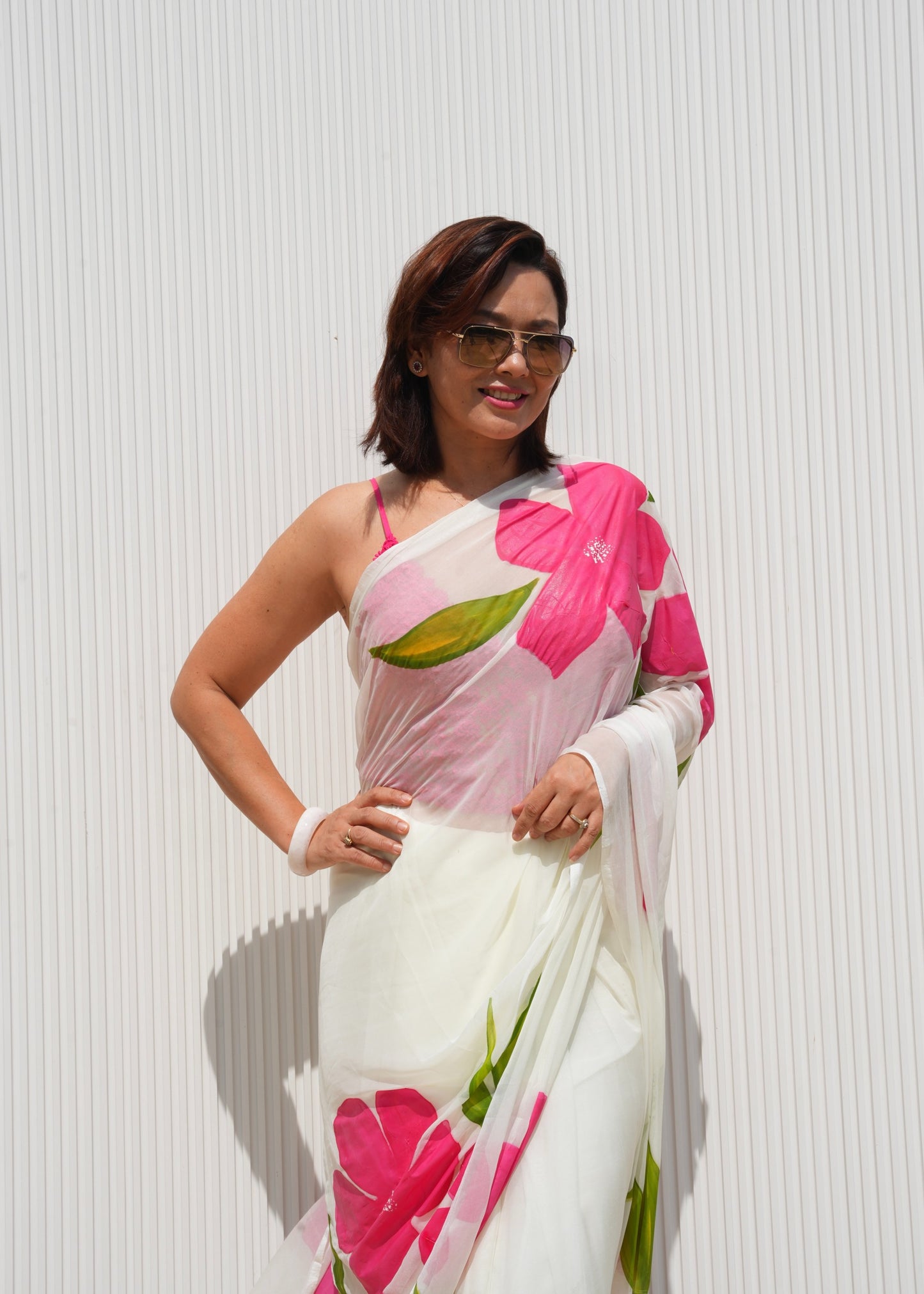 Sanchita - White Handpainted Chiffon Saree