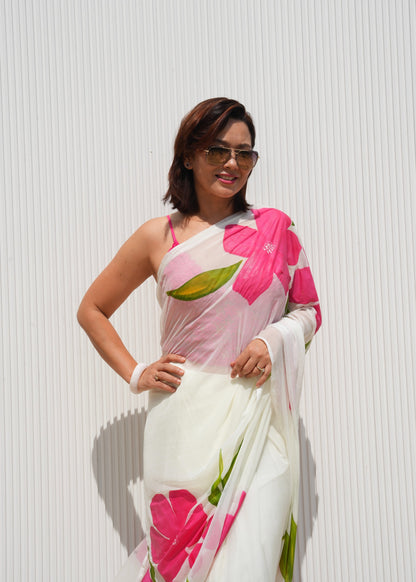 Sanchita - White Handpainted Chiffon Saree