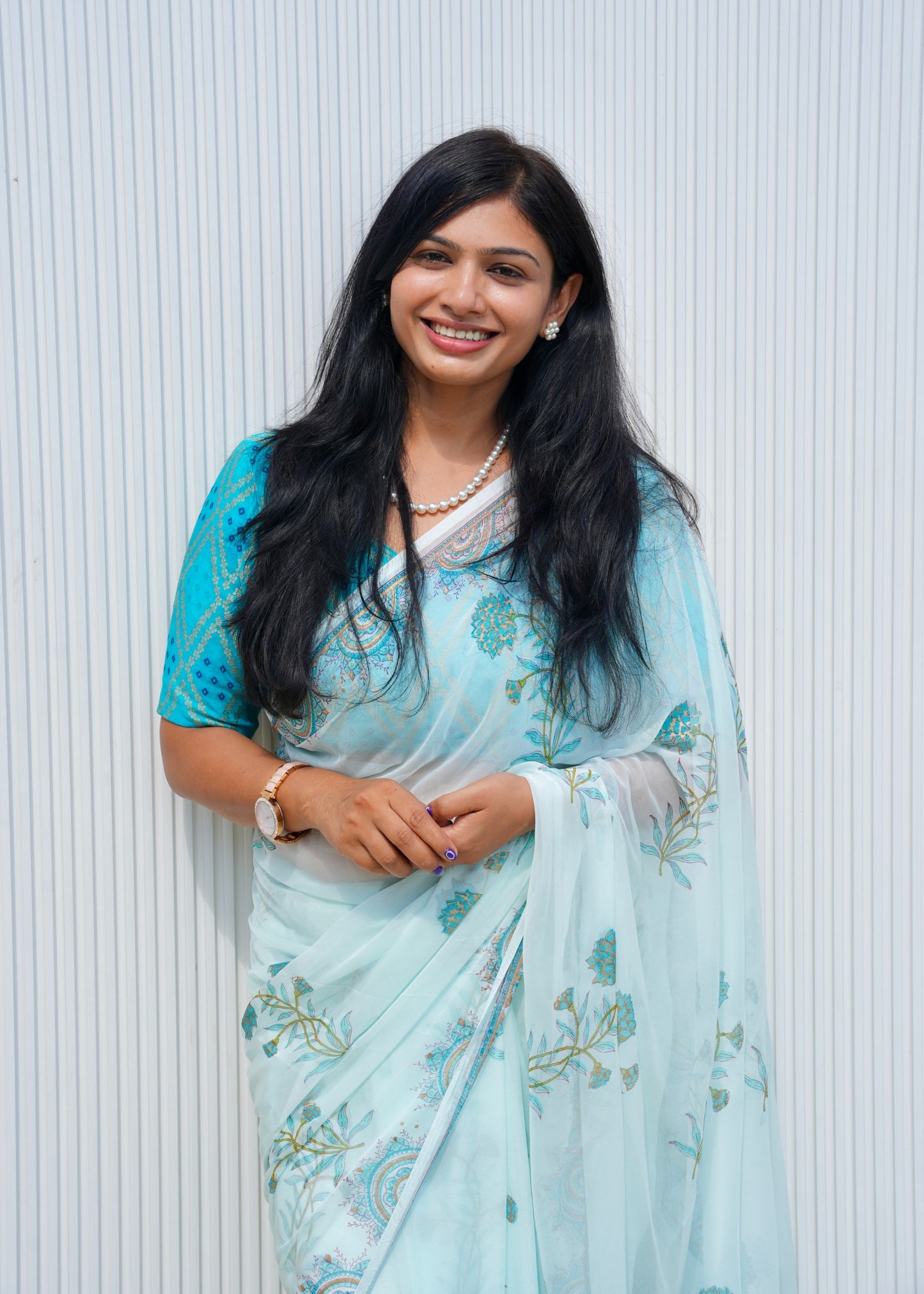 Nargis- Blue Hand Block Printed Chiffon Saree