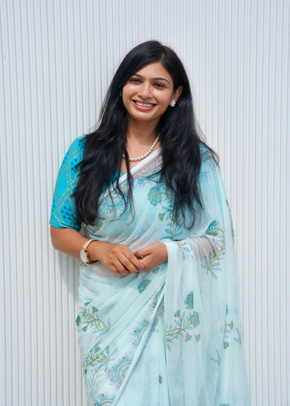 Nargis- Blue Hand Block Printed Chiffon Saree
