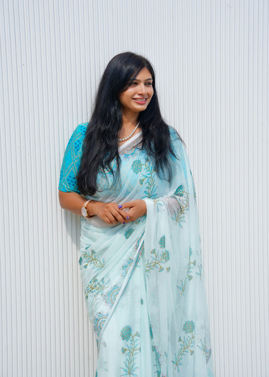 Nargis- Blue Hand Block Printed Chiffon Saree