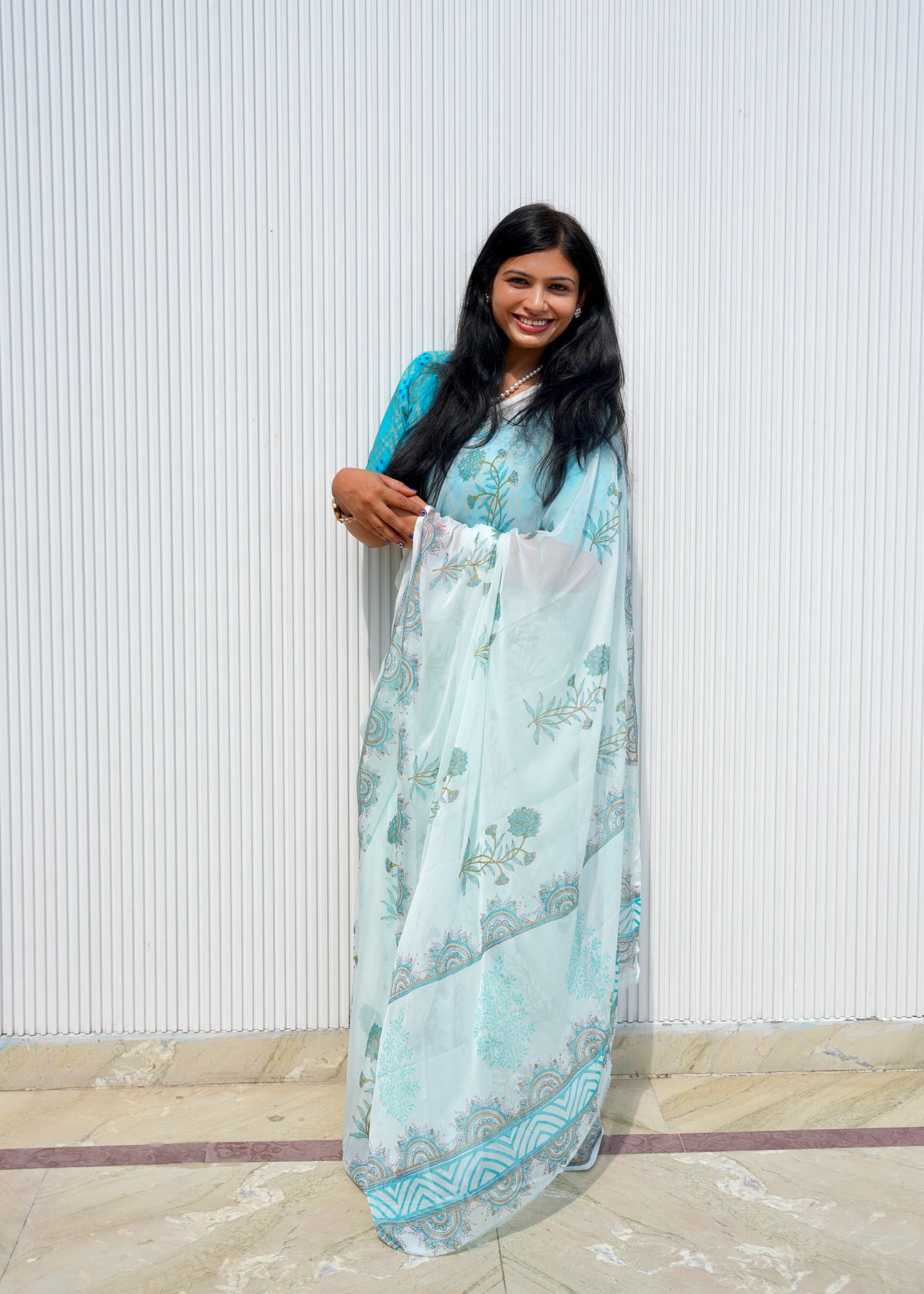 Nargis- Blue Hand Block Printed Chiffon Saree