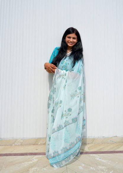 Nargis- Blue Hand Block Printed Chiffon Saree