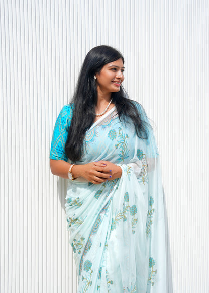 Nargis- Blue Hand Block Printed Chiffon Saree