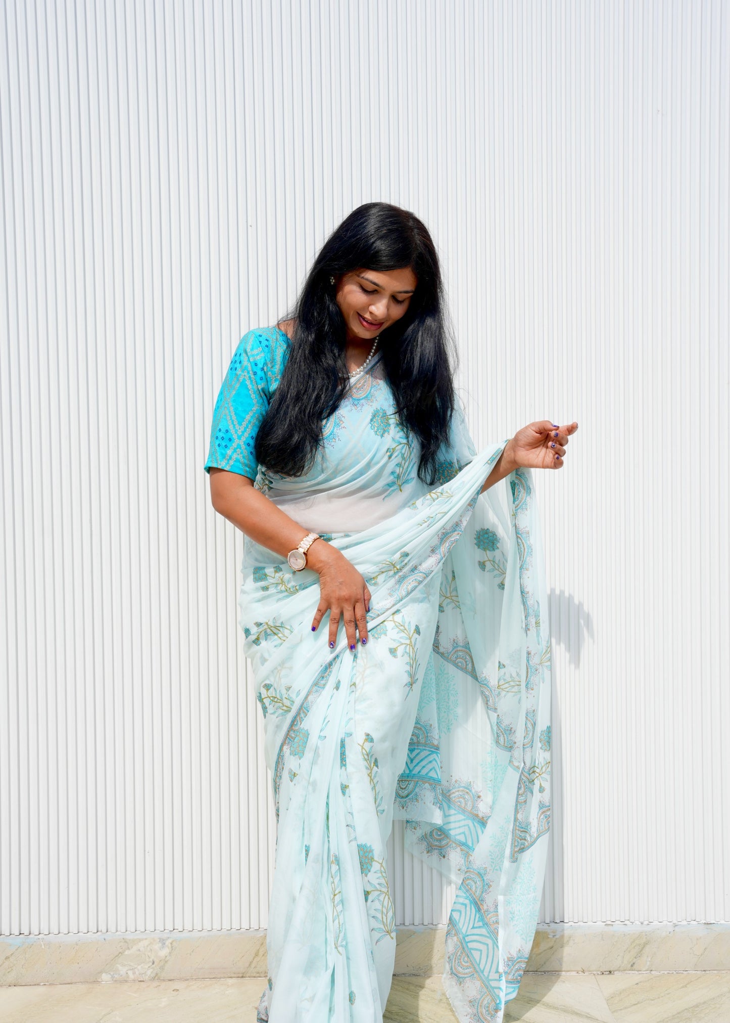Nargis- Blue Hand Block Printed Chiffon Saree