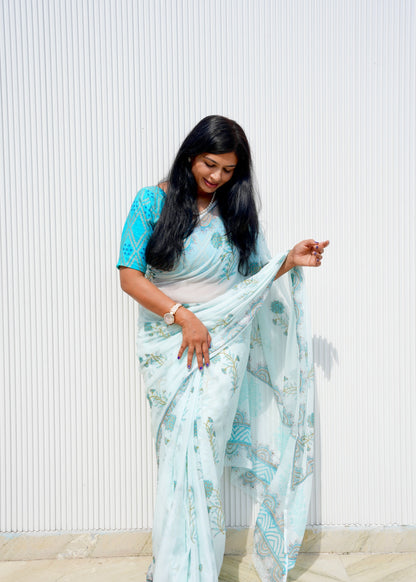 Nargis- Blue Hand Block Printed Chiffon Saree