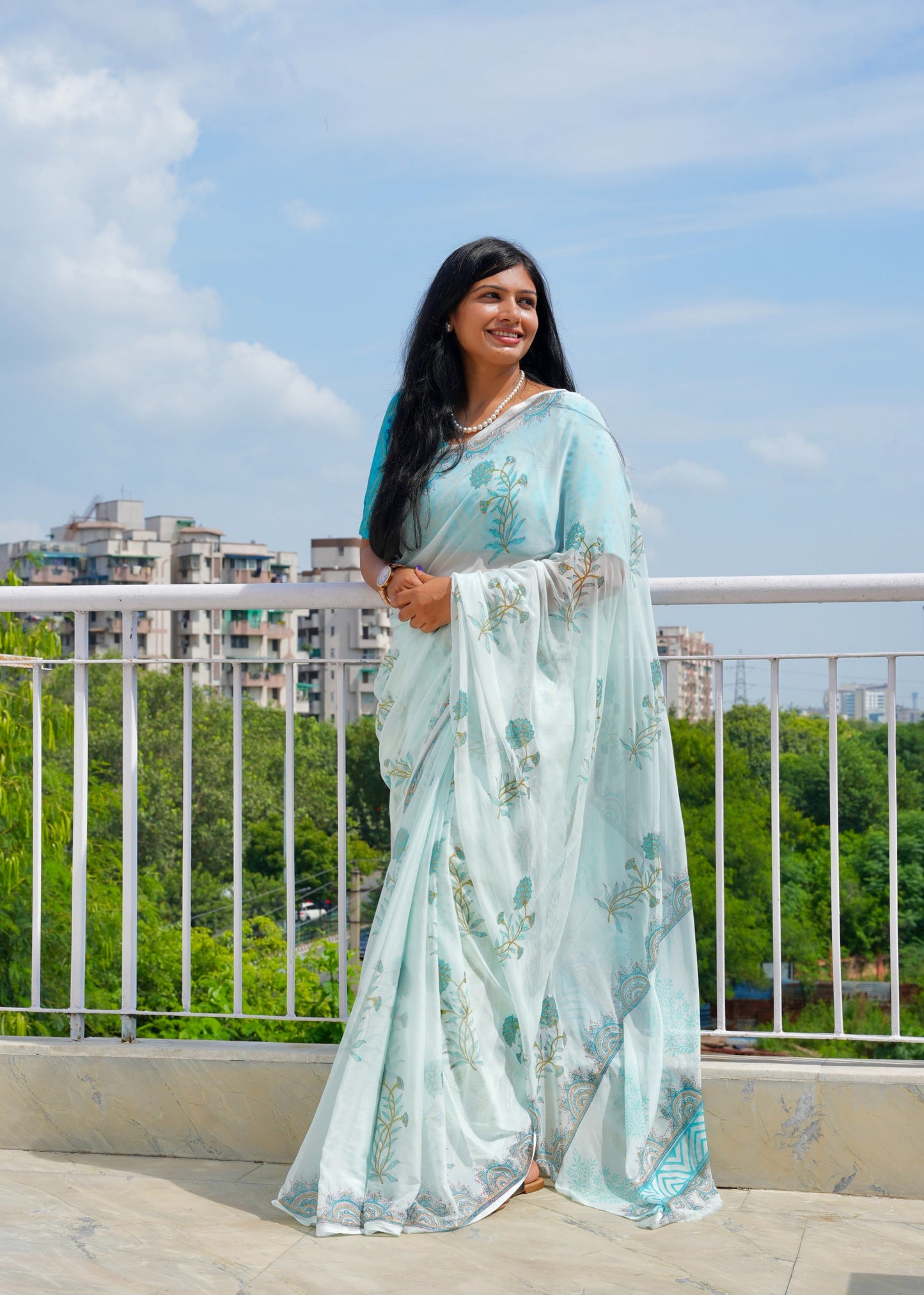 Nargis- Blue Hand Block Printed Chiffon Saree