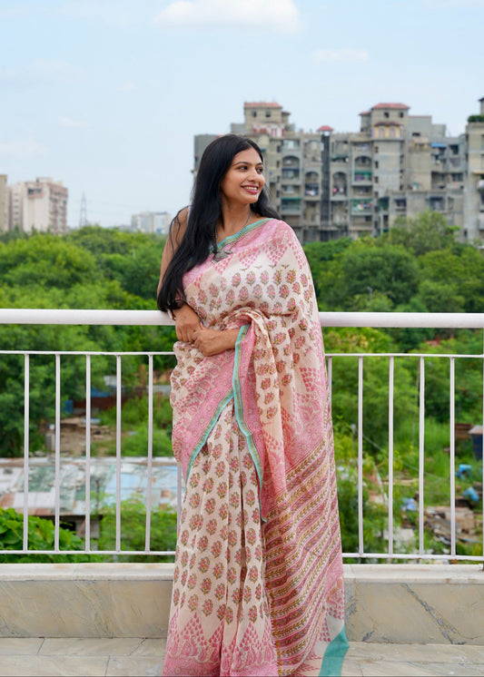 PRAKRITI_Floral Sanganeri HBP Chanderi Cotton Silk Saree