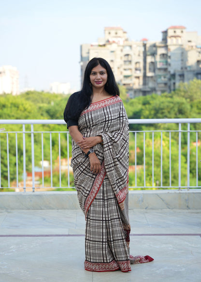 BHAVYA_Beige Striped Hand Block Print Cotton Saree