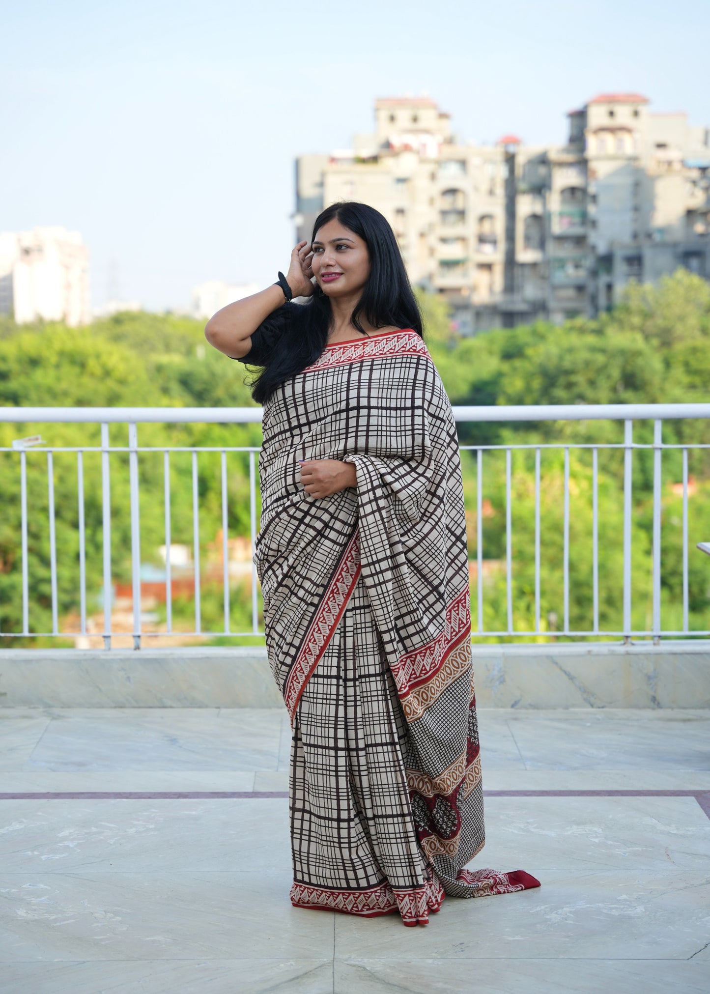 BHAVYA_Beige Striped Hand Block Print Cotton Saree