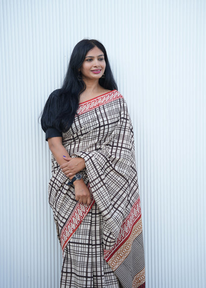 BHAVYA_Beige Striped Hand Block Print Cotton Saree