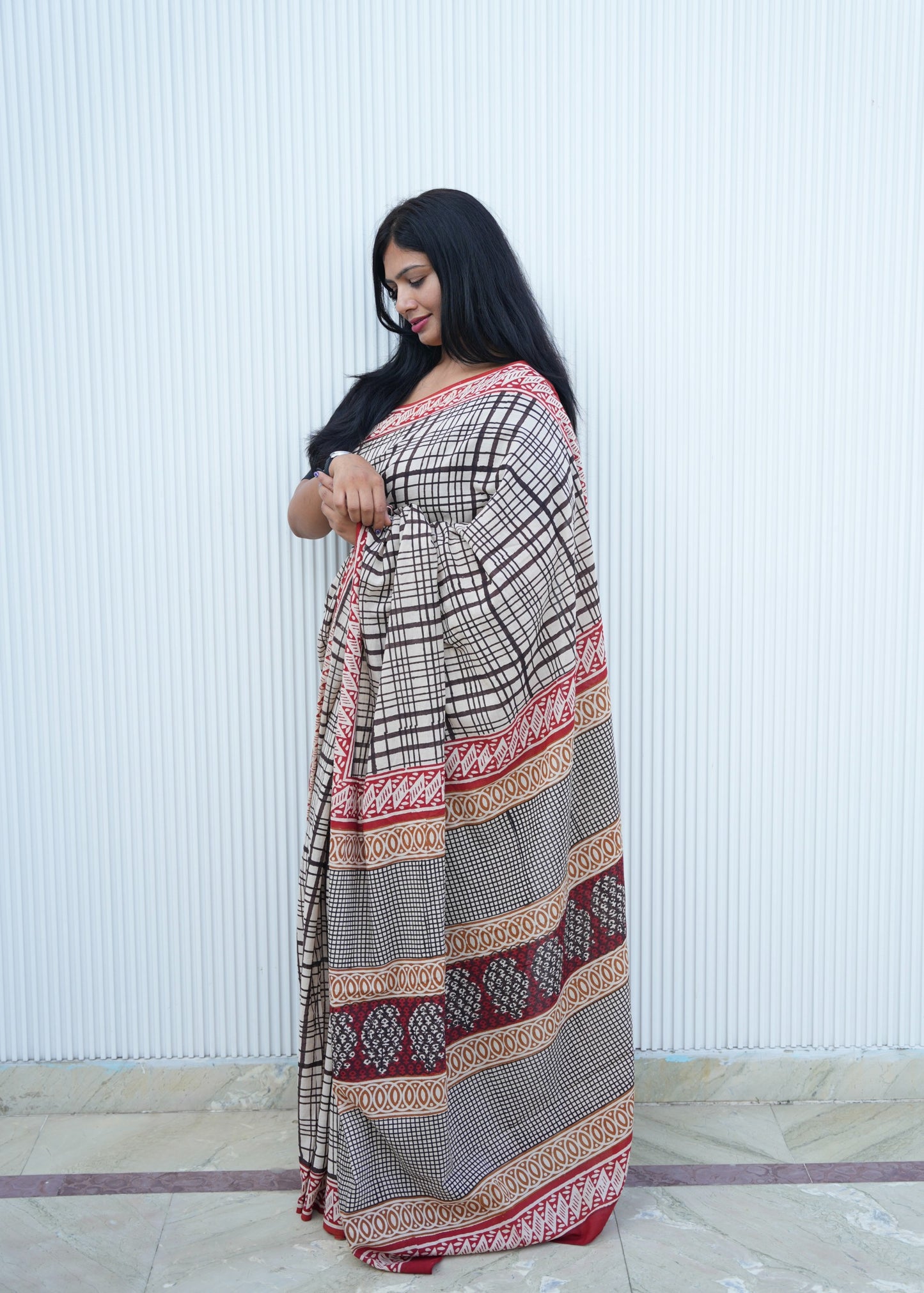 BHAVYA_Beige Striped Hand Block Print Cotton Saree