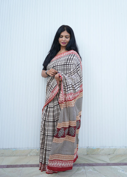 BHAVYA_Beige Striped Hand Block Print Cotton Saree