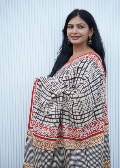 BHAVYA_Beige Striped Hand Block Print Cotton Saree