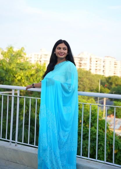 Nirupa- Blue Hand Block Printed Chiffon Saree