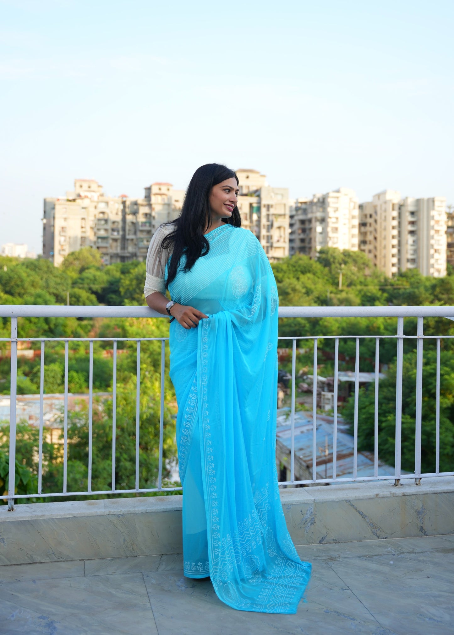 Nirupa- Blue Hand Block Printed Chiffon Saree