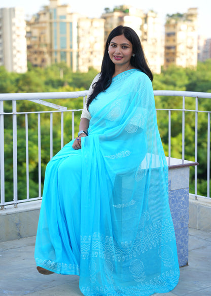 Nirupa- Blue Hand Block Printed Chiffon Saree
