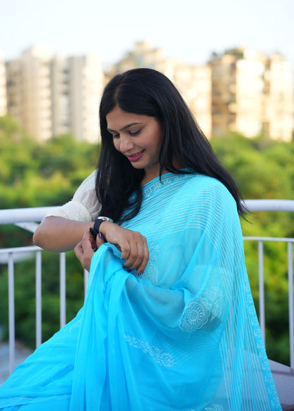 Nirupa- Blue Hand Block Printed Chiffon Saree