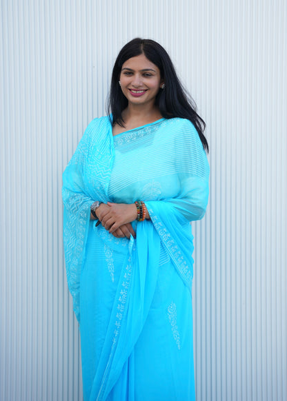 Nirupa- Blue Hand Block Printed Chiffon Saree