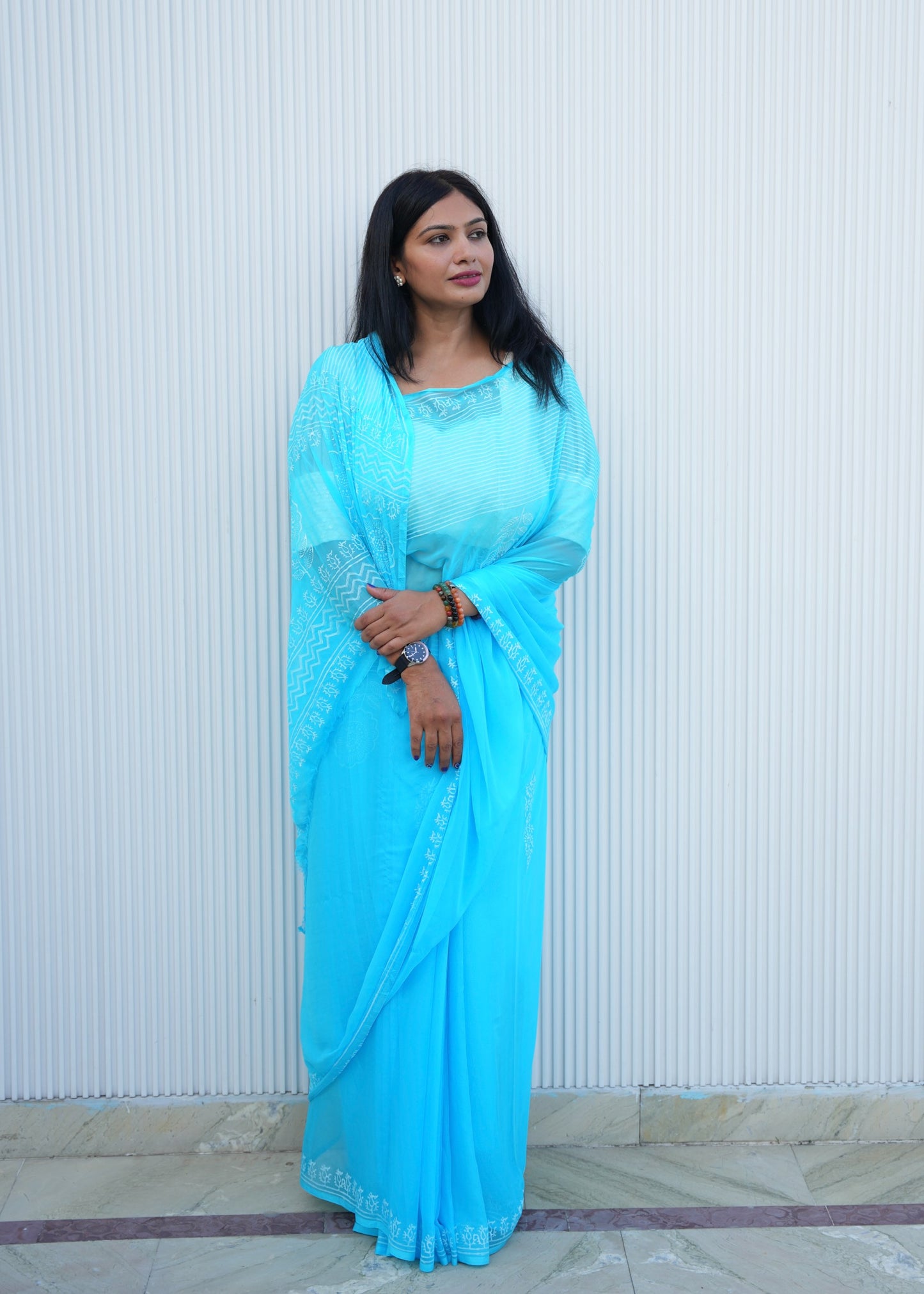 Nirupa- Blue Hand Block Printed Chiffon Saree