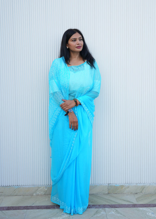 Nirupa- Blue Hand Block Printed Chiffon Saree