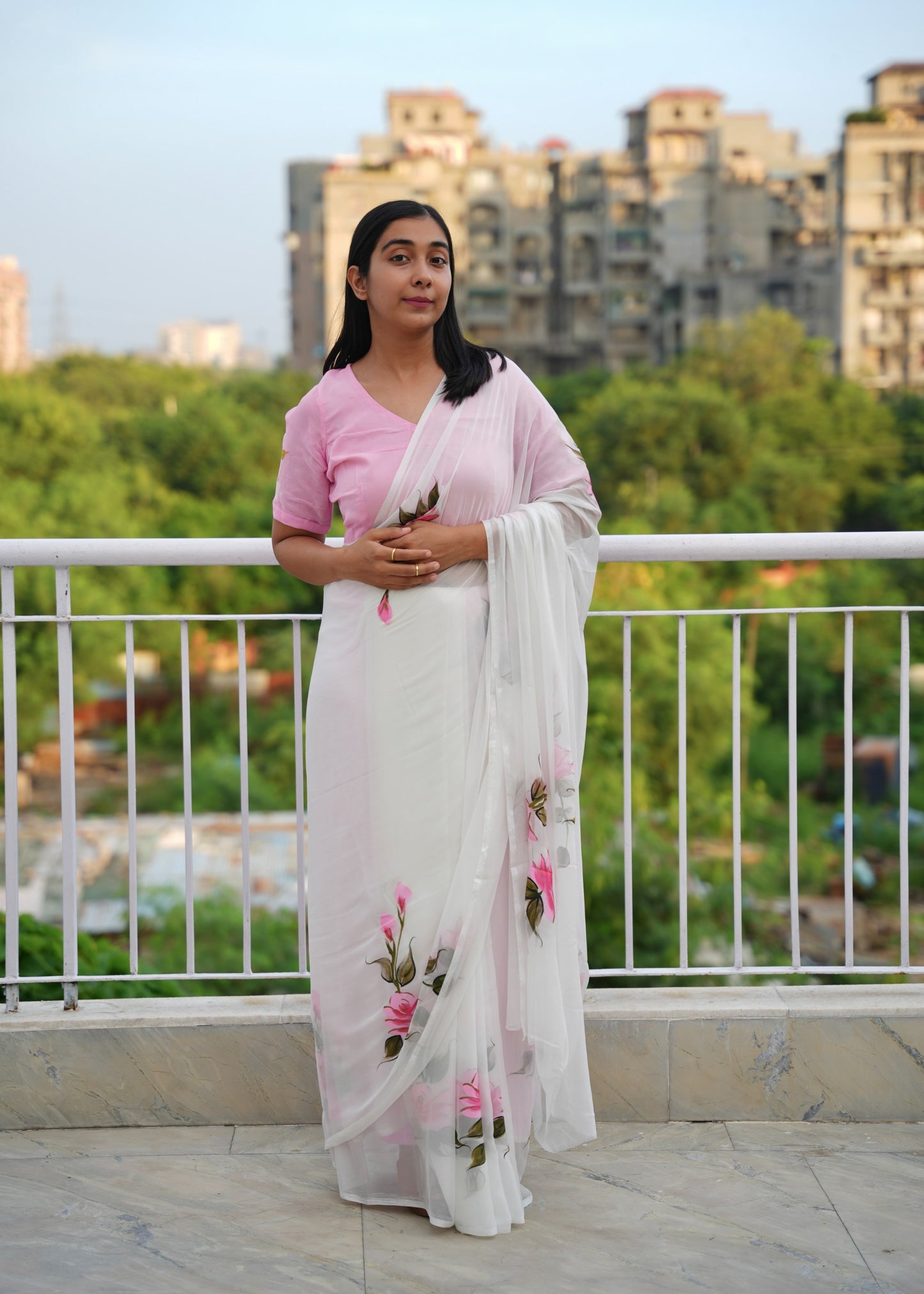 Sanjana - White Handpainted Chiffon Saree