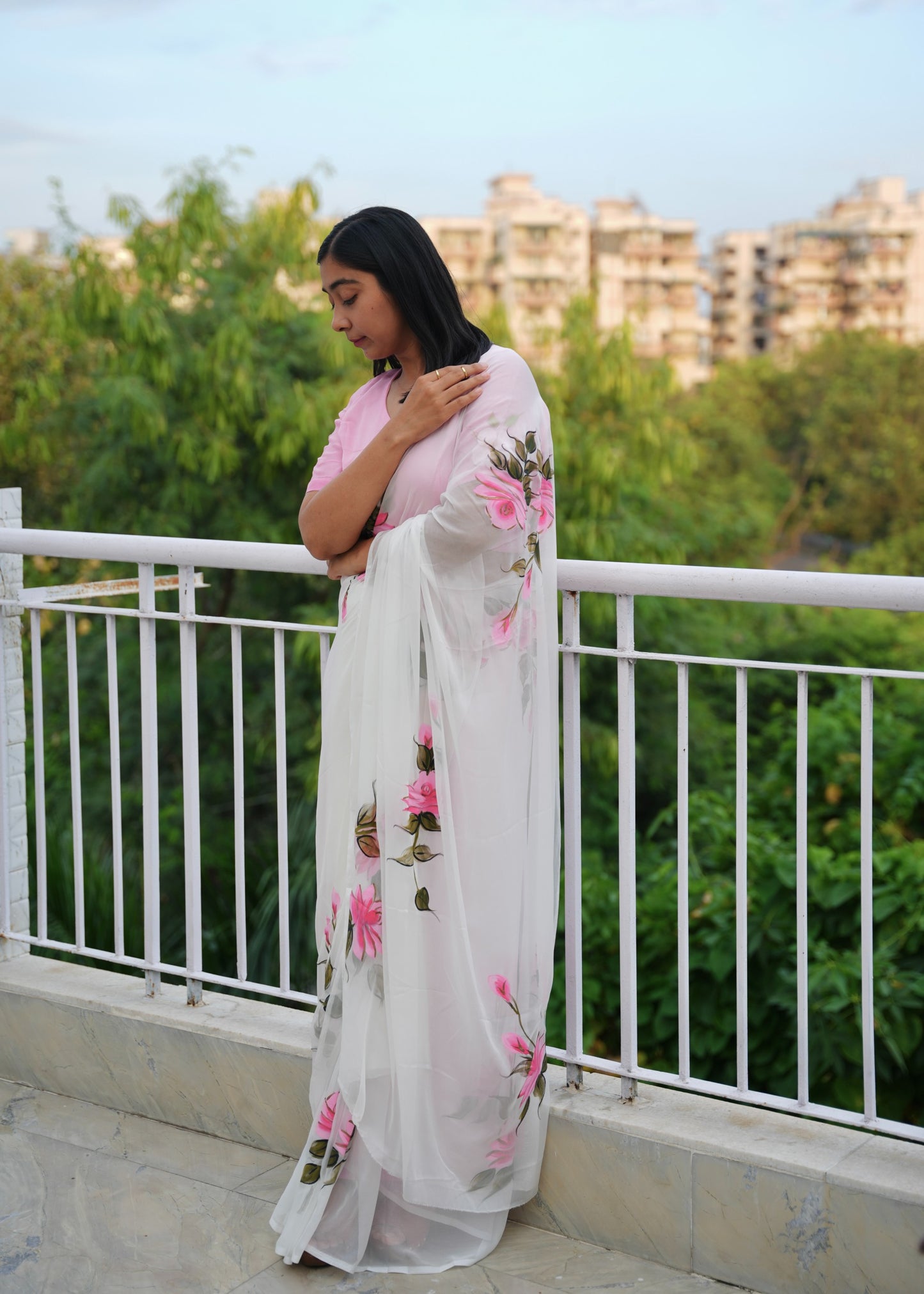 Sanjana - White Handpainted Chiffon Saree