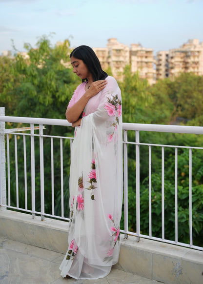 Sanjana - White Handpainted Chiffon Saree