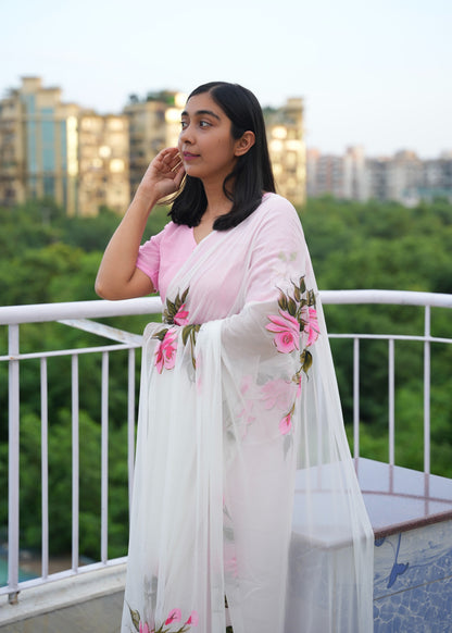 Sanjana - White Handpainted Chiffon Saree