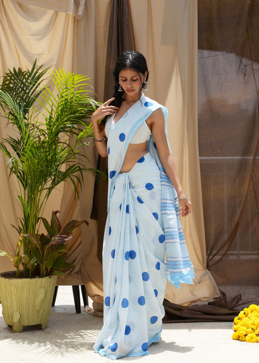 NIRALI_Heritage Hand Block Printed Pure Cotton Striped Saree