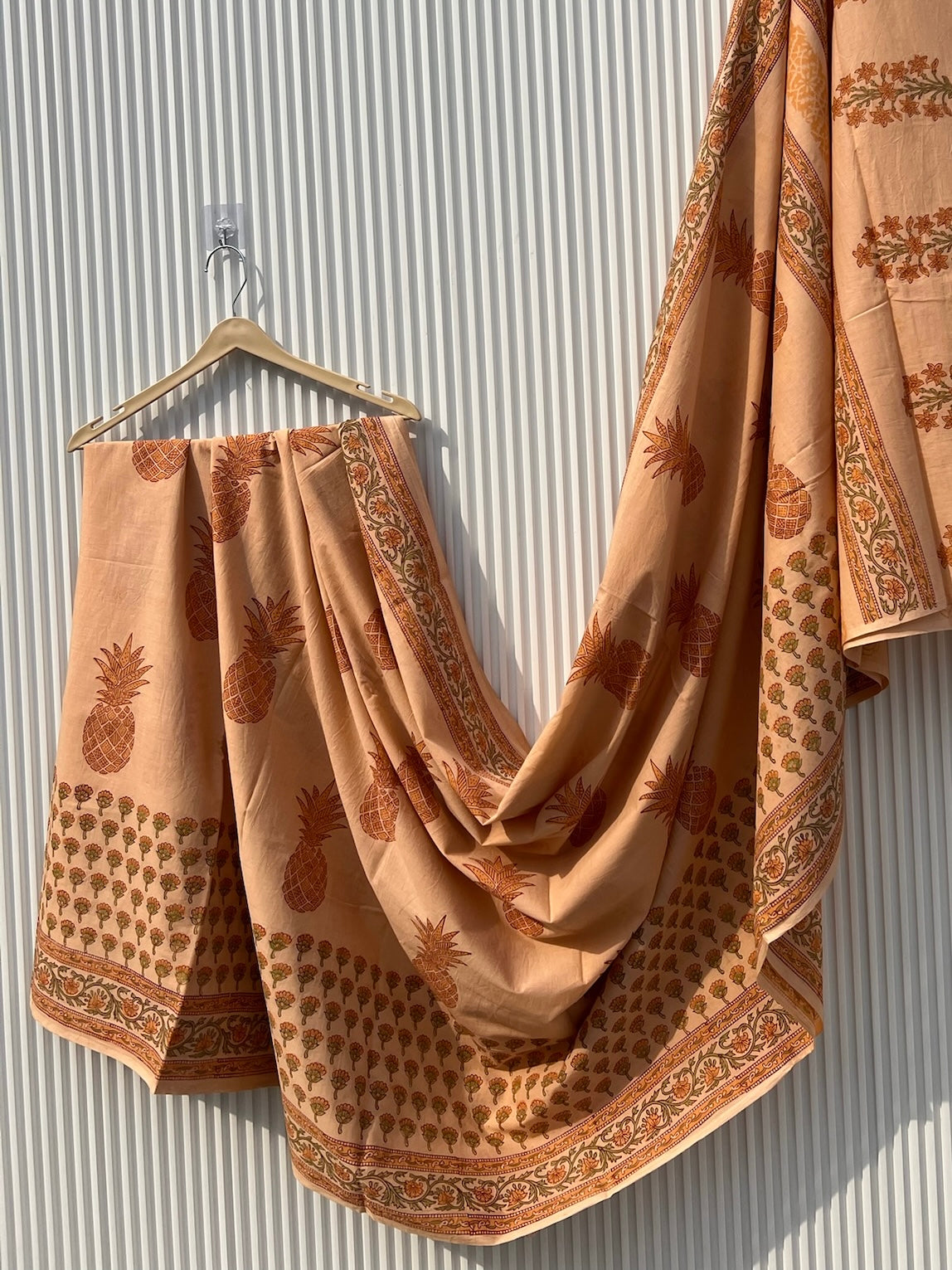 Peach Pineapple Hand Block Printed Cotton Saree