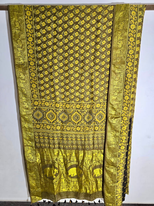 Yellow  - Ajrakh Handblock Dola Silk Saree