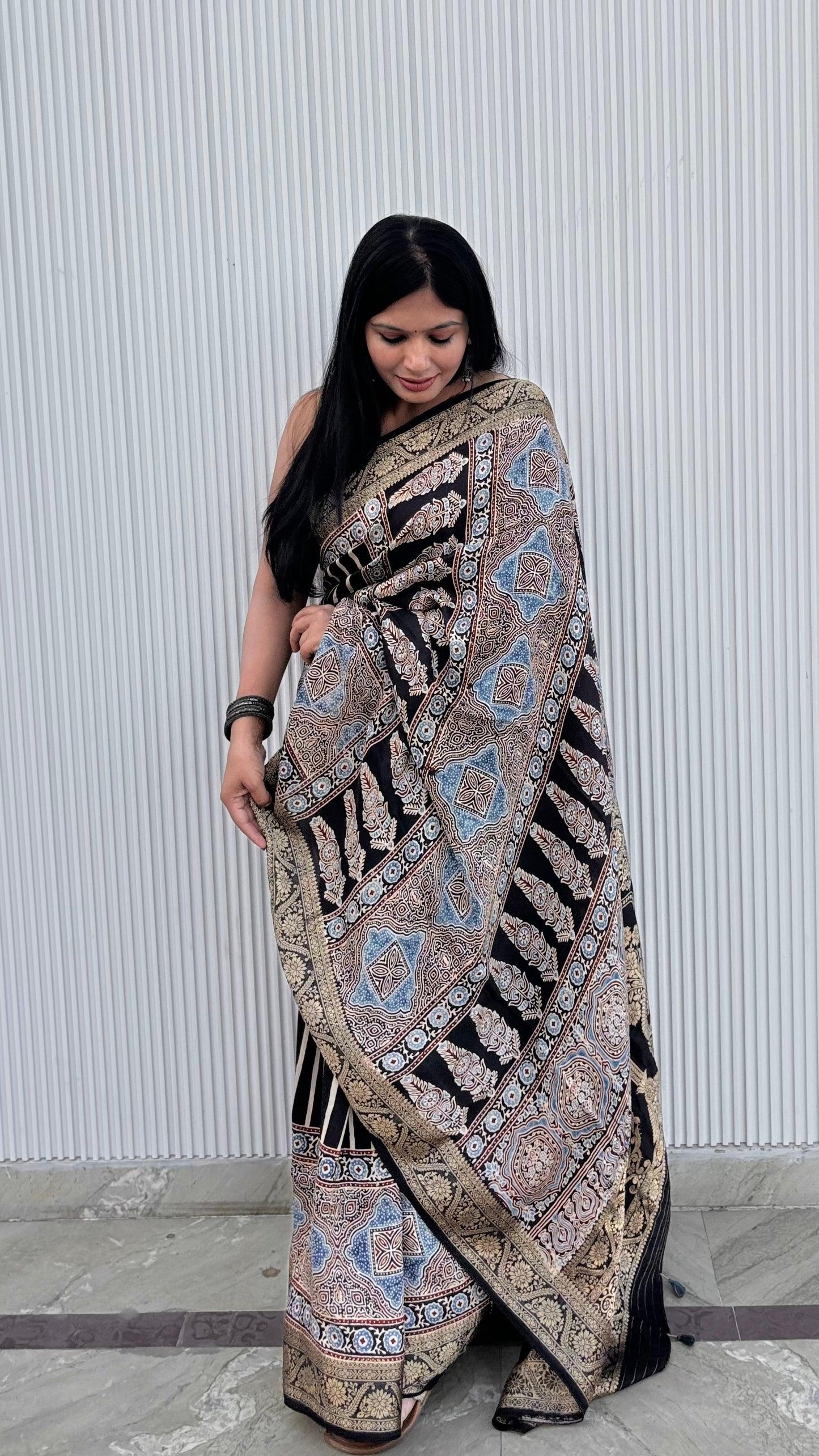 Black - Ajrakh Handblock Dola Silk Saree