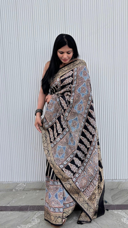 Black - Ajrakh Handblock Dola Silk Saree
