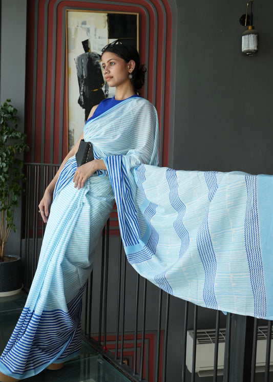 NAVYA_Heritage Hand Block Printed Pure Cotton Striped Saree