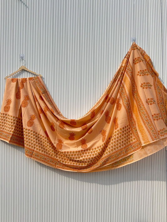 Peach Pineapple Hand Block Printed Cotton Saree