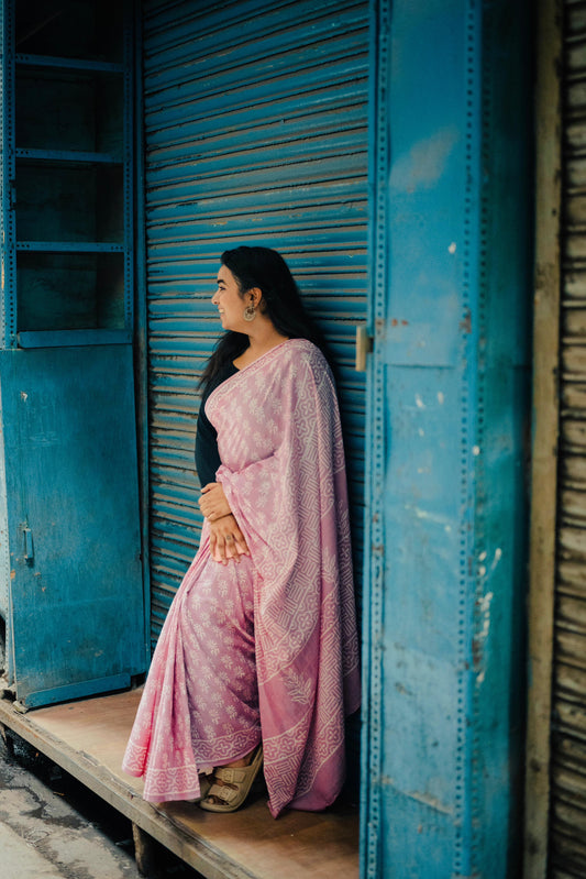 Pastel Pink Mulmul Cotton Saree