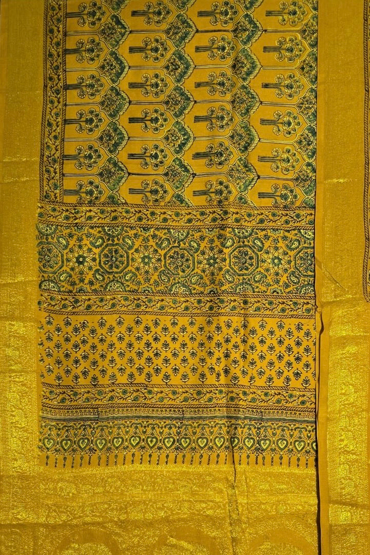 Yellow Floral- Ajrakh Handblock Dola Silk Saree