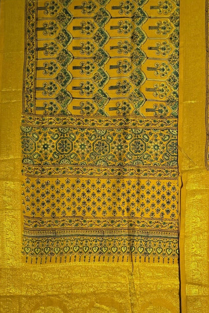 Yellow Floral- Ajrakh Handblock Dola Silk Saree