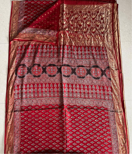 Red - Ajrakh Handblock Dola Silk Saree