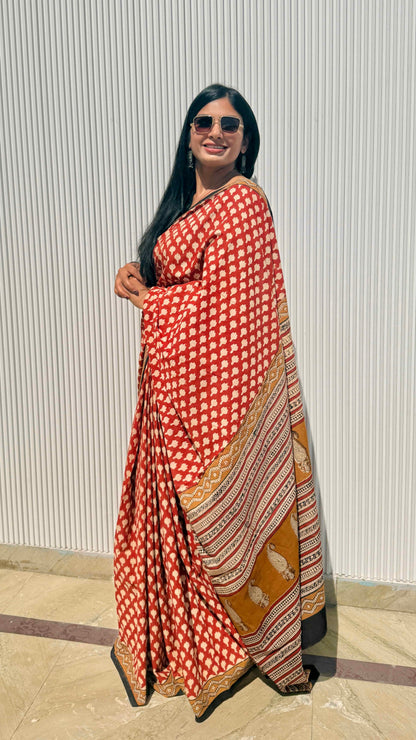Red Hand Block Printed Cotton Saree