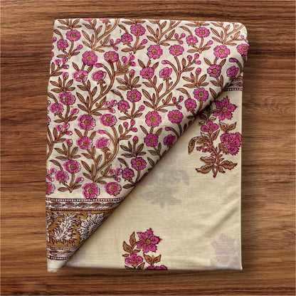 Buttercream Pink Floral Hand Block Printed Cotton Saree