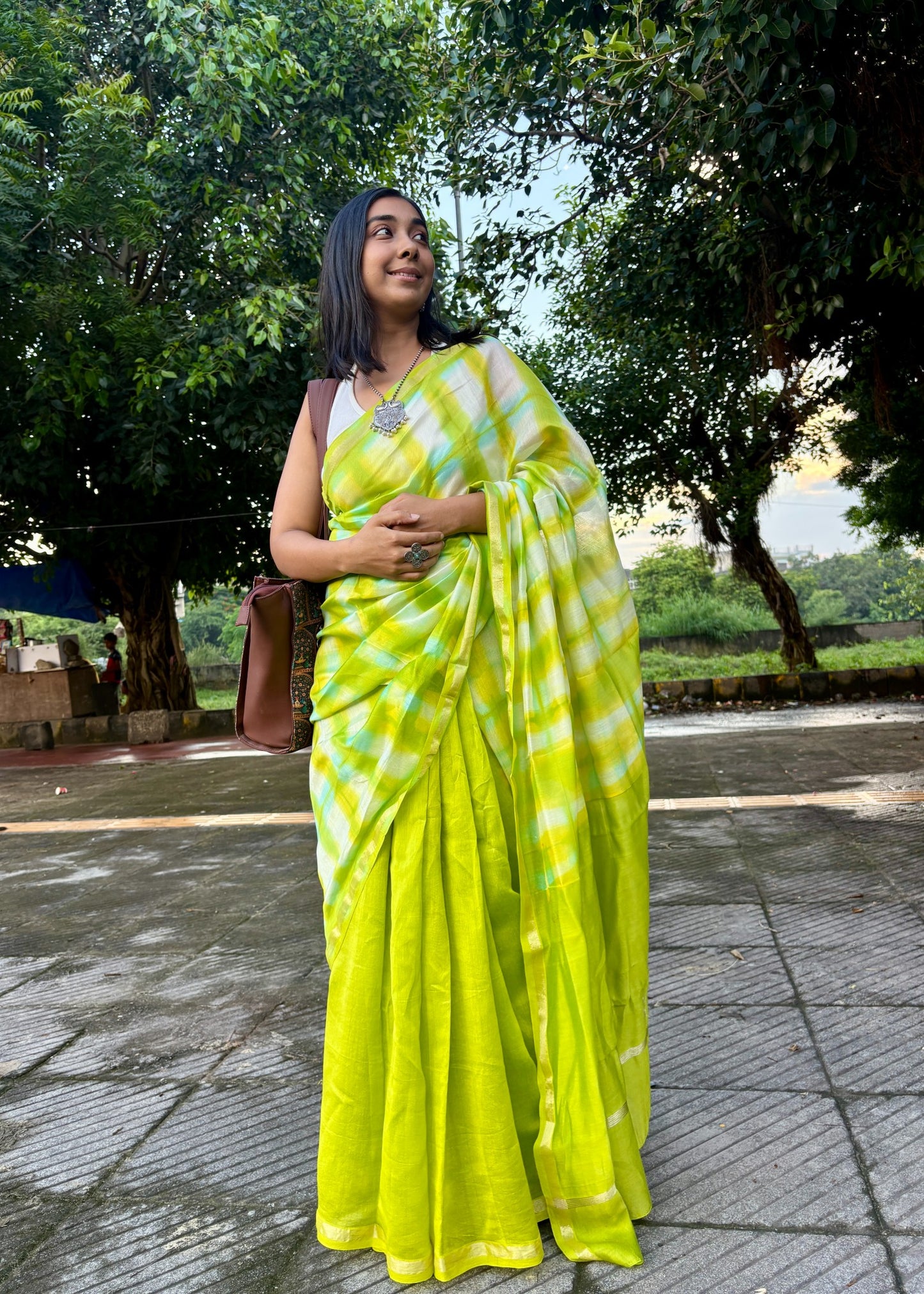 Parrot Green -  Chanderi Tie-Dye Chanderi Cotsilk Saree (Half Plain- Half Clamp)