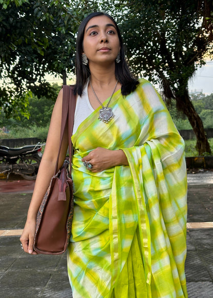 Parrot Green -  Chanderi Tie-Dye Chanderi Cotsilk Saree (Half Plain- Half Clamp)