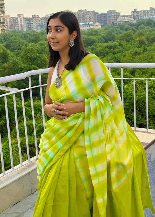 Parrot Green -  Chanderi Tie-Dye Chanderi Cotsilk Saree (Half Plain- Half Clamp)