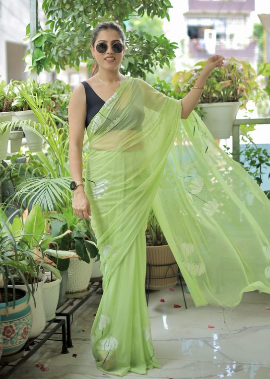 Pastel Green - Handpainted Chiffon Saree