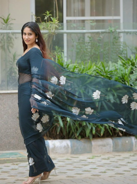 Black - Handpainted Chiffon Saree